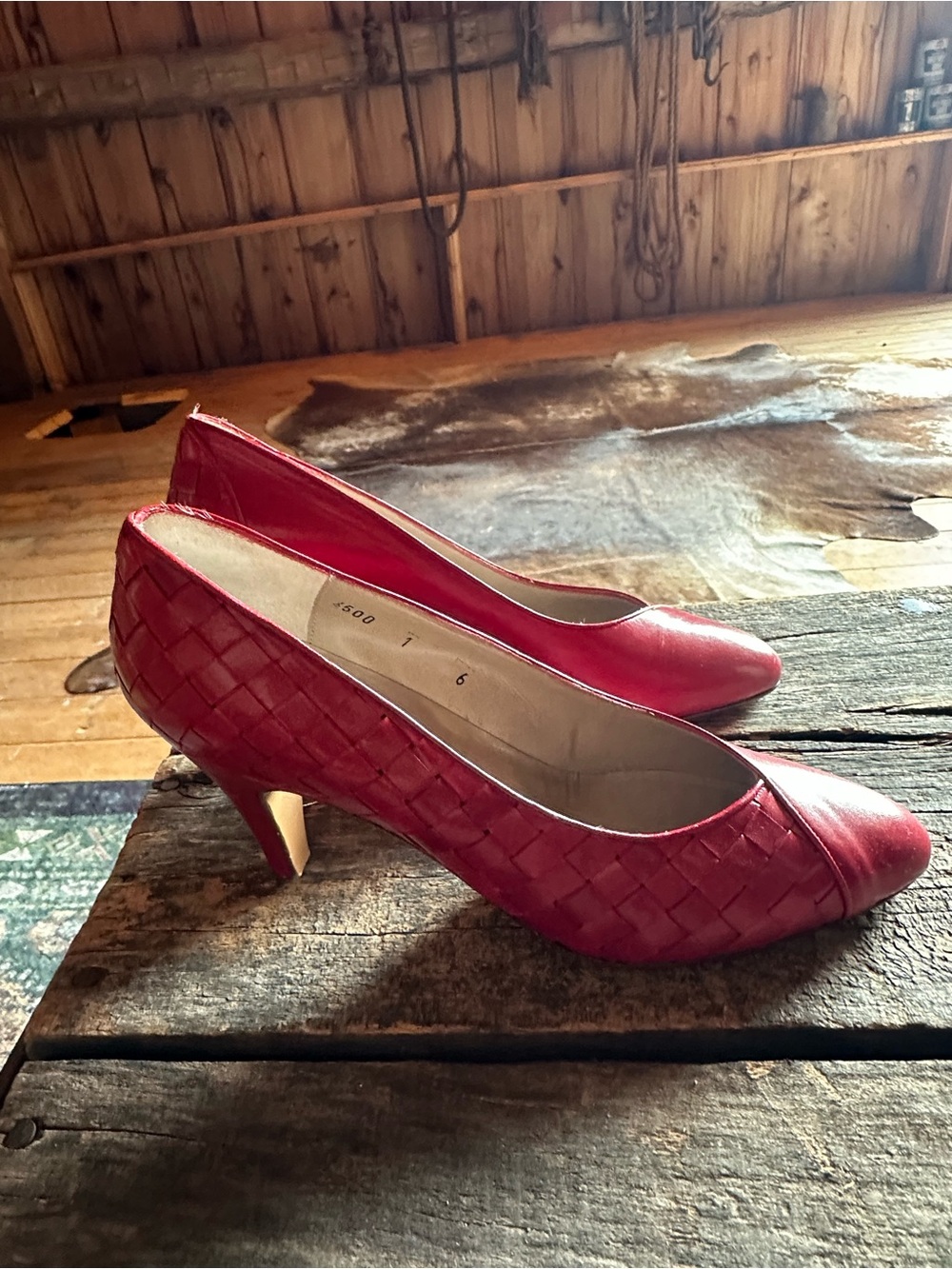 Bottega Veneta Red Woven Leather Mid-Heel Pumps